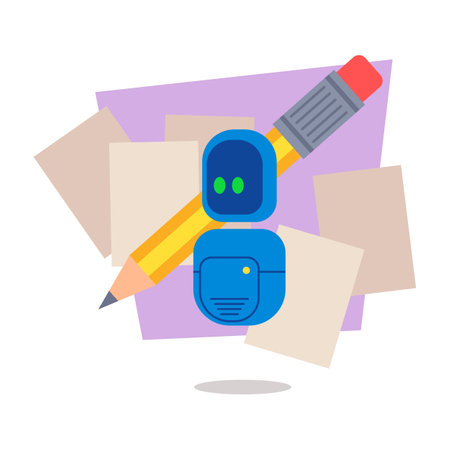 Friendly robot next to pencil and scattered pieces of paper. Creativity and imagination conceptのイラスト素材