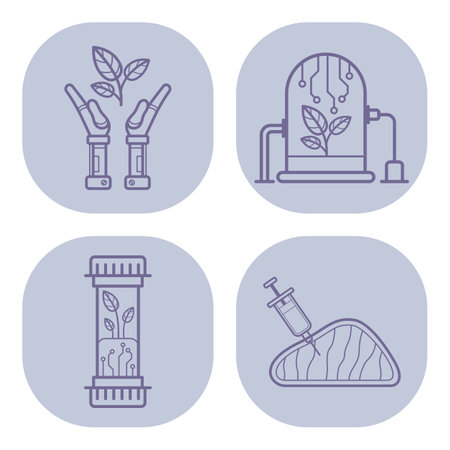 Collection of simple line icons presenting modern botanical research tools and equipment. Intersection of technology and plant science conceptのイラスト素材