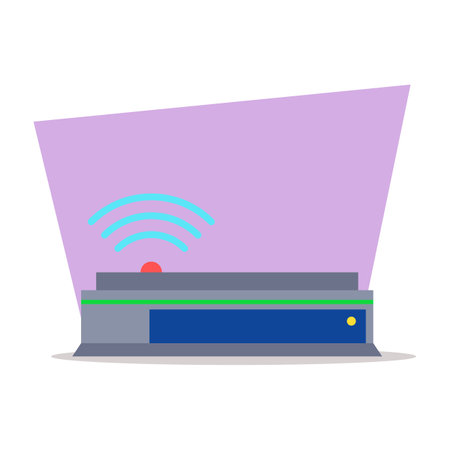 Sleek, contemporary wireless device on flat surface, highlighted by soft light. Device with prominent button, indicating power or connectivity, and emitting signal wavesのイラスト素材