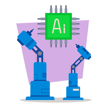 Two robotic arms standing next to microchip adorned with letters AI. Integration of robotics and artificial intelligence in modern industries conceptのイラスト素材
