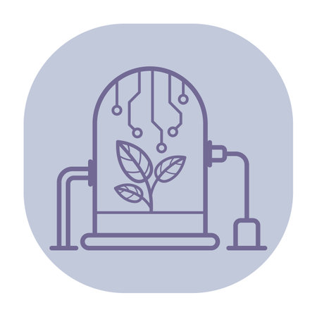 Line icon of plant growing inside transparent device. Digital circuitry elements symbolizing integration of technology and nature in modern innovationのイラスト素材