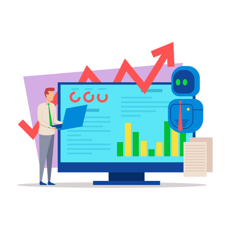 Person analyzing data on large screen displaying graphs and statistics, representing performance metrics and trends in modern workspaceのイラスト素材