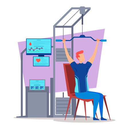 Person performing overhead exercise in fitness studio. Workout equipment and screens displaying...