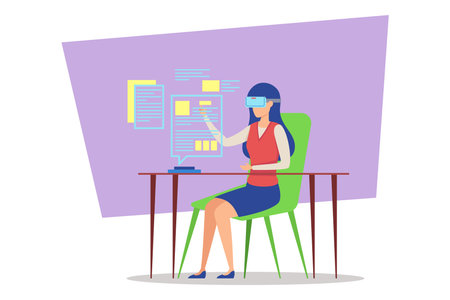 Woman engaged in virtual reality learning activity, sitting at desk with modern chair. Girl interacting with digital content. Integration of technology in education conceptのイラスト素材