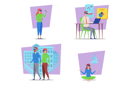 Individuals engaged in various virtual reality experiences across different environments, including education, leisure, and wellness. Growth in technology applications conceptのイラスト素材