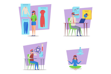 Engaging activities of virtual reality applications in various contexts, including shopping, professional development, science education, and mindfulness practices in modern environmentのイラスト素材