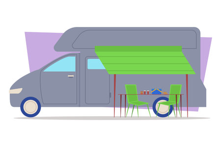Modern camper van at relaxing outdoor dining space. Green chairs surrounding table, creating perfect spot for meals. Travel and adventure conceptのイラスト素材