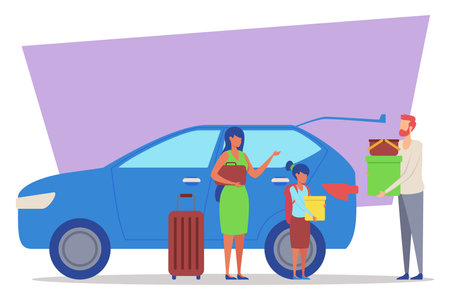 Family loading car with colorful containers and suitcase. Mother, child, and father ready for adventure, enjoying sunny day and excitement of travelのイラスト素材