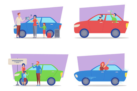 Different family moments with cars in bright collection. Families enjoying activities like chatting, playing, and dining, showcasing cheerful interactions in various settingsのイラスト素材