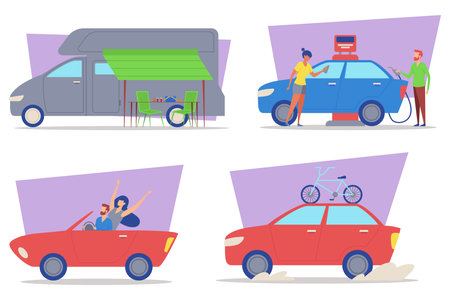 Colorful collection of diverse activities around vehicles, including refueling, camping, and happy moments on road. Joy of travel conceptのイラスト素材