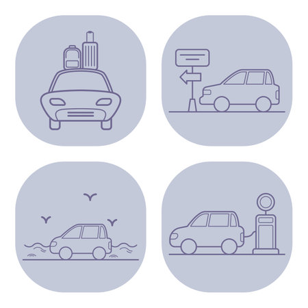 Collection of four line icons illustrating diverse car-related activities including travel with luggage, directional signage, water activities, and refuelingのイラスト素材