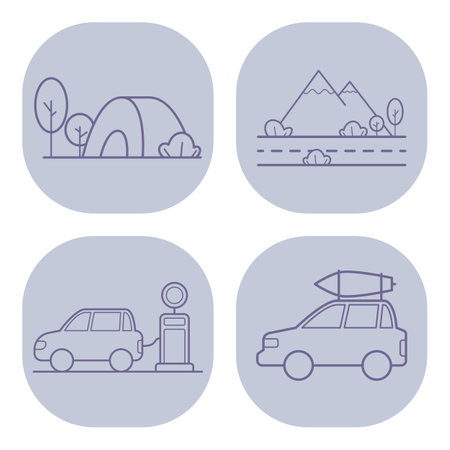Set of line icons depicting outdoor adventure themes, including camping tent, mountain, road, and car at gas station. Ideal for illustrating travel and nature activitiesのイラスト素材