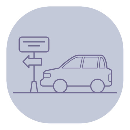 Car near directional sign indicating choices for drivers. Vehicle and signage conceptのイラスト素材