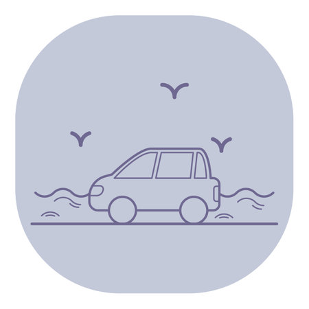 Line icon of car traveling along road. Waves and flying birds in background, creating serene environmentのイラスト素材