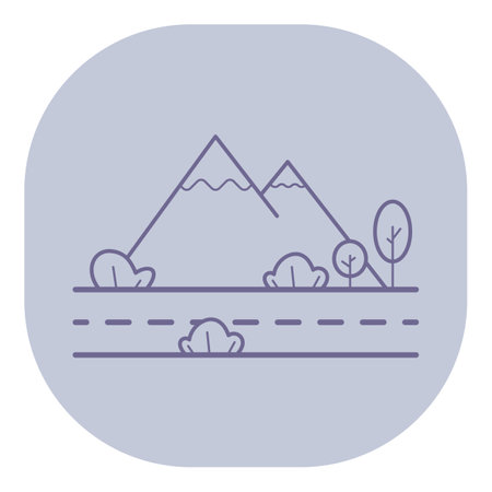 Serene landscape with mountains in background, complemented by various trees and road. Peaceful atmosphere, ideal for nature loversのイラスト素材