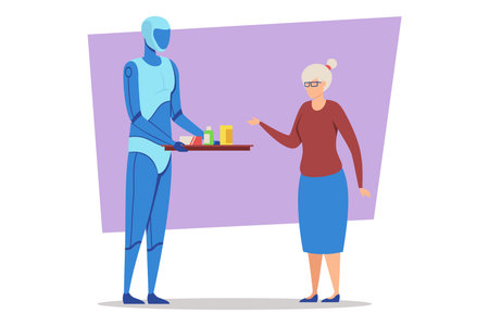 Humanoid robot presenting tray with beverages to elderly woman. Senior woman standing indoors in contemporary environmentのイラスト素材