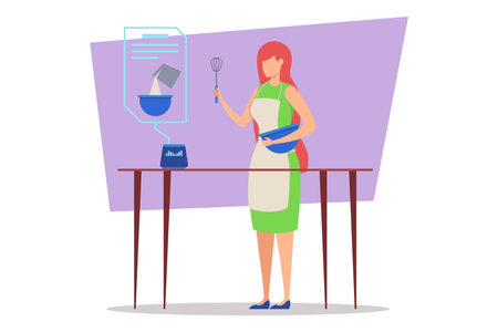 In kitchen setting, person standing at table, preparing to mix ingredients with whiskey. Blender positioned nearby, showcasing digital display of mixing processのイラスト素材