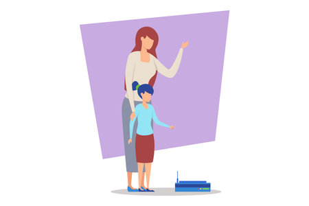 Mother standing beside her young child, gesturing while teaching. People surrounded by books and learning device, highlighting warm and educational atmosphereのイラスト素材