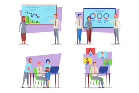 Vibrant collection of business professionals engaged in various activities like discussing data, presenting charts, and collaborating in front of screen filled with graphics and chartsのイラスト素材