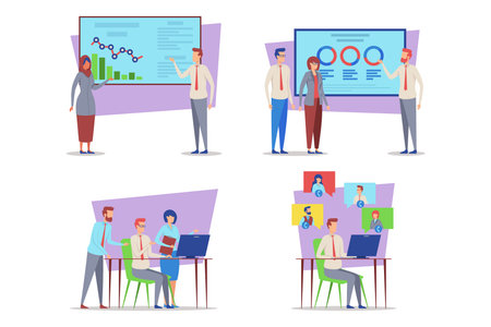 Diverse professionals engaged in various activities. Some discussing data reports, while others collaborating on computerのイラスト素材