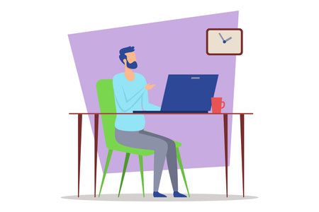 Person sitting in green chair at desk, engaged with laptop with clock above desk, and coffee cup beside laptop, indicating work environmentのイラスト素材