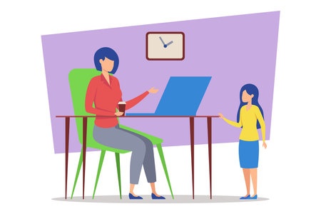 Woman sitting at desk with laptop while enjoying drink in cozy home office with clock on wall. Child standing beside her, engaging in conversationのイラスト素材