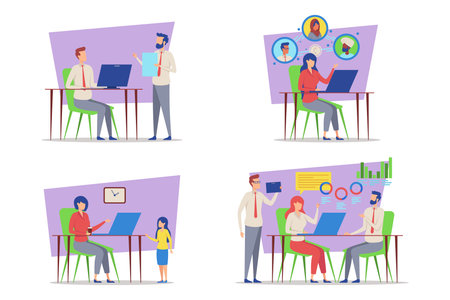 Professionals engaged in remote collaboration, discussing ideas through video calls and meetings in vibrant setting. Modern work environments and teamwork strategies conceptのイラスト素材
