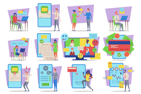 Collection of various individuals engaging with digital communication tools. Activities like sending emails, video calls, and managing messages. Modern connectivity conceptのイラスト素材