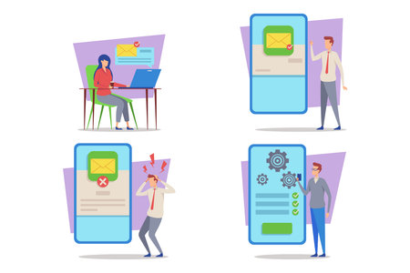 Collection of various office tasks, including managing email notifications and addressing technical issuesのイラスト素材