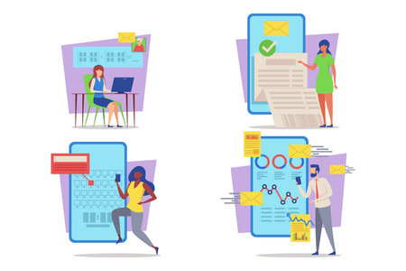 In modern workspace, individuals engaged with technology. Some sending emails, analyzing data, and collaborating on projects through various digital platforms and applicationsのイラスト素材