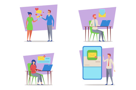Illustrations of people interacting through digital messages. Individuals exchanging letters, working on laptops, and checking notifications in colorful and modern settingのイラスト素材