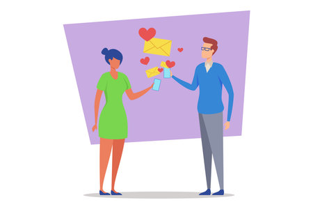 Man and woman sharing love messages through mobile phones and envelopes, surrounded by heart icons, conveying sweet and romantic moment in lighthearted settingのイラスト素材