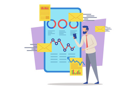 Man standing holding smartphone while reviewing digital metrics displayed on large screen. Various charts and graphs illustrating data trends. Surrounding elements depicting emails and notificationsのイラスト素材
