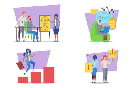 People brainstorming, presenting data, and working on laptops, showcasing teamwork and productivity in professional settingのイラスト素材