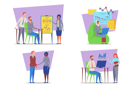 Professionals engaged in various activities in modern office setting, including presentations, negotiations, and data analysis. Cooperation and productivity conceptのイラスト素材