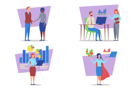 Four illustrations with various business activities, including collaboration, analysis, and presentationのイラスト素材