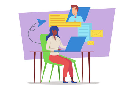 Person engaged in remote work session at modern workspace. Woman seated at desk using laptop with online meeting displayed, showing productivity in digital environmentのイラスト素材