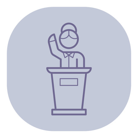 Person standing at podium, raising one hand in gesture suggesting speaking or addressing audience. Presentation or conference conceptのイラスト素材