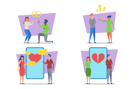 Couple experiencing various stages in their relationship. Happy moments, proposals, conflicts, and heartbreak of separationのイラスト素材