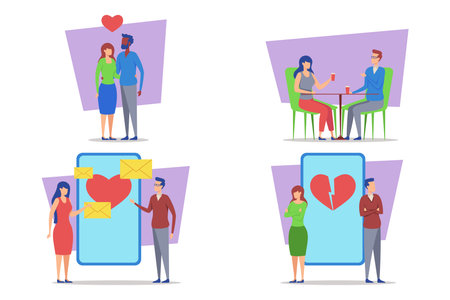 Collection of various aspects of couple relationships, including moments of affection, enjoying drinks, communication through messages, and experiencing heartbreakのイラスト素材