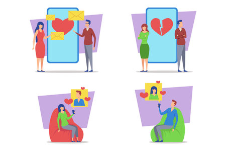 Couple engaged in varied relationship dynamics illustrated through digital communication. Love, conflict, and connection in tech-driven environment conceptのイラスト素材
