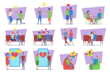 Different couples sharing moments from their relationships, showing diverse activities like dating, communicating, and resolving conflicts in vibrant colors and playful illustrationsのイラスト素材
