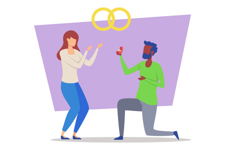 Joyful couple sharing special moment during proposal. Man kneeling with ring, while woman reacting with excitement and surprise. Love and commitment conceptのイラスト素材