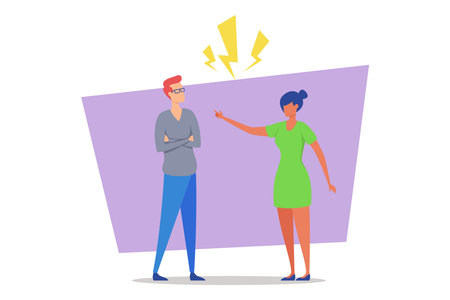 Man with glasses standing with his arms crossed, while woman in green dress pointing at him. Disagreement, tension in relationship conceptのイラスト素材