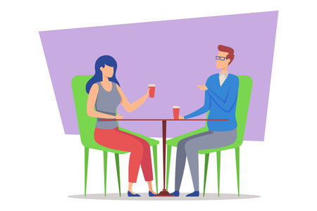 Couple sitting at small table in colorful cafe, each holding drink. People engaged in cheerful conversation, showcasing their connectionのイラスト素材