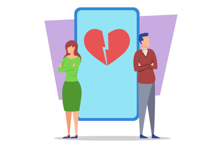 Couple standing apart, showing discomfort as broken heart symbol looming behind them. Concept of stress in modern relationships, emotional distanceのイラスト素材