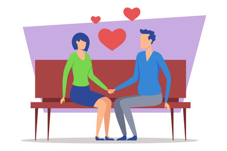 Couple sitting closely on bench, holding hands in loving gesture. People expressing their affection in bright and cheerful setting, surrounded by heart symbolsのイラスト素材