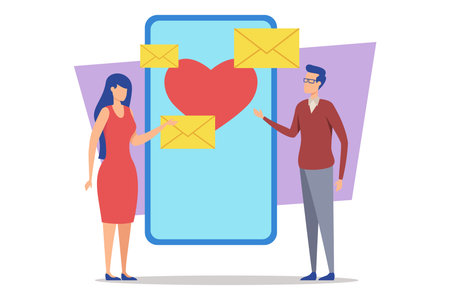 Couple interacting with smartphone, sharing messages as heart-shaped icons floating around. Modern romance and connection in digital age conceptのイラスト素材