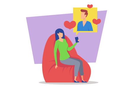 Couple connecting through digital chat while one partner relaxing in a comfortable chair. Love icons surrounding their conversation, highlighting their affection during cozy time togetherのイラスト素材