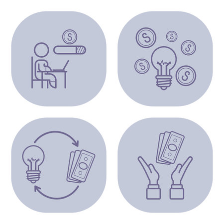 Collection of line icons showing various financial growth concepts, including investment, idea generation, and money management. Finance and business conceptのイラスト素材